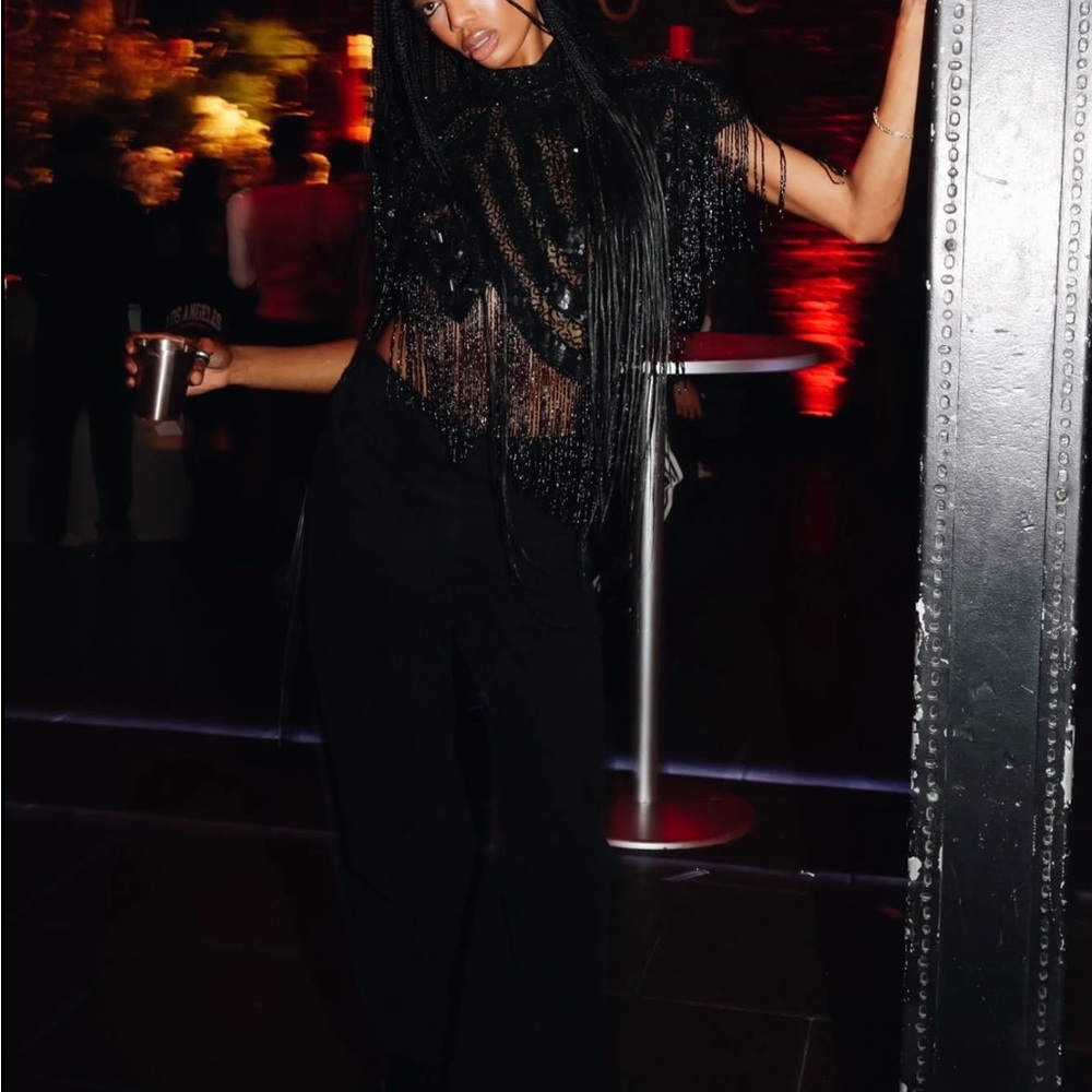 Black Fringe Sheer Top and Wide-Leg Pants Set
